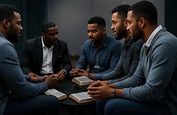 Men in a small-group discussion at a Shanah City Church men's ministry meeting